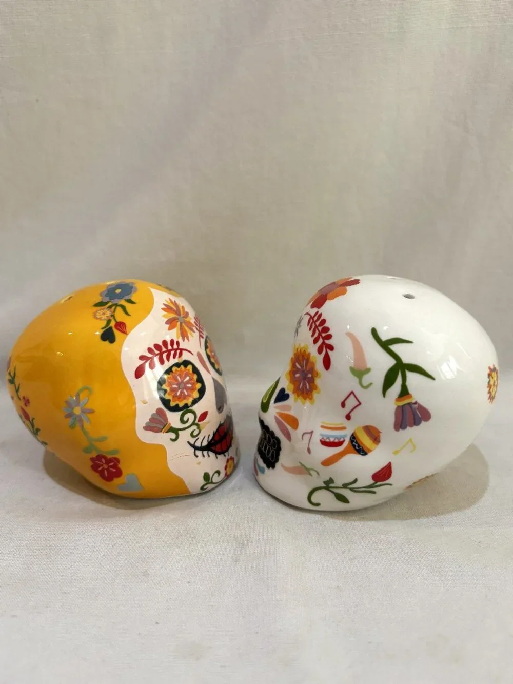 Hand Painted Ceramic Sugar Skull Salt & Pepper Shaker Set Day of the Dead